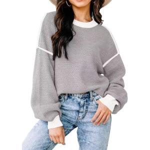 imageWomens Sweaters Fall 2025 Fashion Long Sleeve Color Block Oversized Sweater Trendy Casual Crew Neck Knitted Tops PulloverGrey
