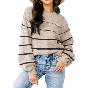 imageWomens Sweaters Fall 2025 Fashion Long Sleeve Color Block Oversized Sweater Trendy Casual Crew Neck Knitted Tops PulloverStripe Beige