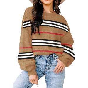 imageWomens Sweaters Fall 2025 Fashion Long Sleeve Color Block Oversized Sweater Trendy Casual Crew Neck Knitted Tops PulloverStripe Brown