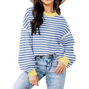imageWomens Sweaters Fall 2025 Fashion Long Sleeve Color Block Oversized Sweater Trendy Casual Crew Neck Knitted Tops PulloverStripe Color Blue
