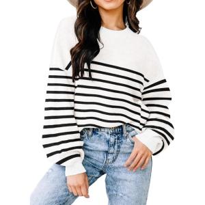 imageWomens Sweaters Fall 2025 Fashion Long Sleeve Color Block Oversized Sweater Trendy Casual Crew Neck Knitted Tops PulloverStripe White
