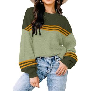 imageWomens Sweaters Fall 2025 Fashion Long Sleeve Color Block Oversized Sweater Trendy Casual Crew Neck Knitted Tops PulloverTriple Green