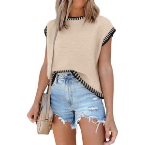 imageDisamer Cap Sleeve Knit Sweater Tops Sleeveless Vest 2025 Spring Clothes Oversized Summer Tank Trendy Short Sleeve T ShirtsLine Apricot