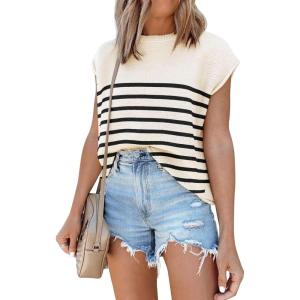 imageDisamer Cap Sleeve Knit Sweater Tops Sleeveless Vest 2025 Spring Clothes Oversized Summer Tank Trendy Short Sleeve T ShirtsStripe Apricot