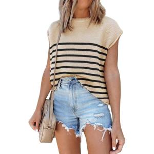 imageDisamer Cap Sleeve Knit Sweater Tops Sleeveless Vest 2025 Spring Clothes Oversized Summer Tank Trendy Short Sleeve T ShirtsStripe Khaki