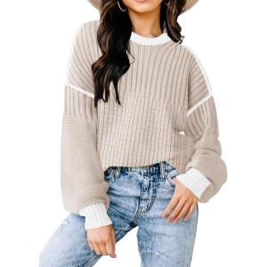 imageDisamer Fall Sweaters for Women 2023 Trendy Winter Crew Neck Knit Tops Batwing Long Sleeve Lightweight Pullover Sweater A Apricot