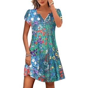 imageDisamer Womens Casual Dresses Short Sleeve Summer Dresses 2025 Boho Floral Beach Sundresses Spring ALine Dress with PocketsDewdrop Paint