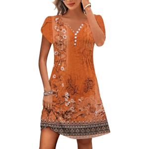 imageDisamer Womens Casual Dresses Short Sleeve Summer Dresses 2025 Boho Floral Beach Sundresses Spring ALine Dress with PocketsFloral Orange