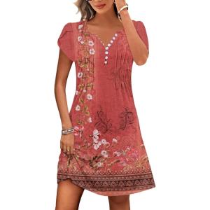 imageDisamer Womens Casual Dresses Short Sleeve Summer Dresses 2025 Boho Floral Beach Sundresses Spring ALine Dress with PocketsFloral Red