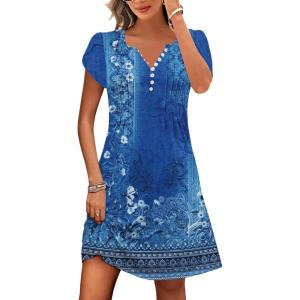 imageDisamer Womens Casual Dresses Short Sleeve Summer Dresses 2025 Boho Floral Beach Sundresses Spring ALine Dress with PocketsFloral Royal Blue