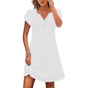 imageDisamer Womens Casual Dresses Short Sleeve Summer Dresses 2025 Boho Floral Beach Sundresses Spring ALine Dress with PocketsPure White