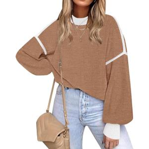imageFall Clothes for Women 2025 Trendy Fashion Oversized Sweaters Color Block Long Sleeve Knited Pullover Tops Winter OutfitsBrown