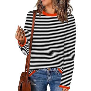 imageWomens Sweaters 2025 Fall Fashion Long Sleeve Knit Pullover Tops Oversized Trendy OutfitsStripe Orange