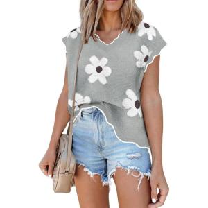 imageDisamer Womens Short Sleeve Sweater Tops 2025 Summer Sleeveless Vests Loose fit Tank Cap Sleeve Knit Spring OutfitsDaisy Gray