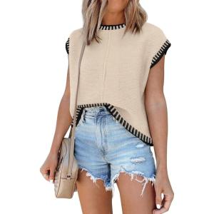 imageDisamer Womens Summer Cap Sleeve Tops Sleeveless Sweater Vest Casual Loose Fit Striped Knit Lightweight PulloverBraid Apricot