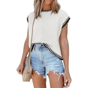 imageDisamer Womens Summer Cap Sleeve Tops Sleeveless Sweater Vest Casual Loose Fit Striped Knit Lightweight PulloverBraid White