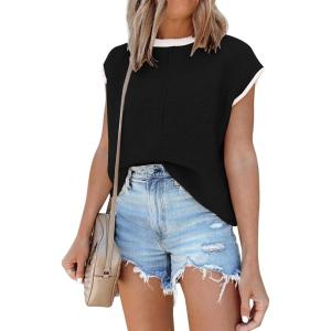 imageDisamer Womens Summer Cap Sleeve Tops Sleeveless Sweater Vest Casual Loose Fit Striped Knit Lightweight PulloverPure Black
