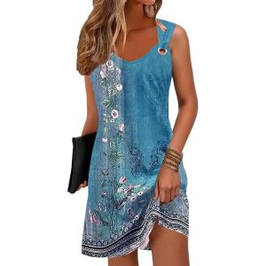 imageSummer Dresses for Women 2025 Sundresses Sleeveless Beach Swimsuit Cover Ups Spring Casual Loose Tank Tshirt Sun DressFlower Wallpaper Blue