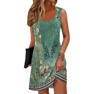 imageSummer Dresses for Women 2025 Sundresses Sleeveless Beach Swimsuit Cover Ups Spring Casual Loose Tank Tshirt Sun DressFlower Wallpaper Green