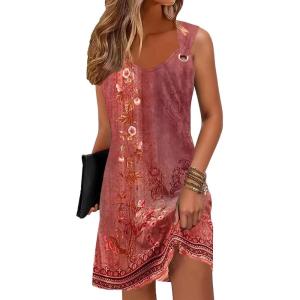 imageSummer Dresses for Women 2025 Sundresses Sleeveless Beach Swimsuit Cover Ups Spring Casual Loose Tank Tshirt Sun DressFlower Wallpaper Red