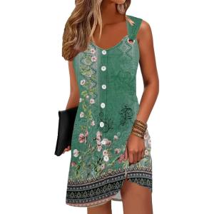 imageDisamer Summer Dresses for Women 2025 Sundresses Beach Swimsuit Coverups Vacation Sleeveless Button Down Spring Sun DressFloral Green