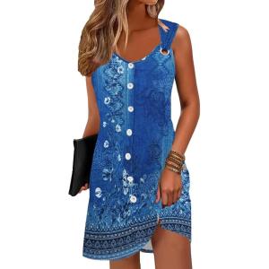 imageDisamer Summer Dresses for Women 2025 Sundresses Beach Swimsuit Coverups Vacation Sleeveless Button Down Spring Sun DressFloral Navy