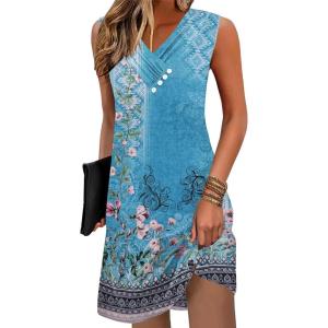 imageDisamer Summer Dresses for Women 2025 Vacation Sundresses Beach Coverups Tunic Sleeveless V Neck Button Down Tshirt DressFloral Blue