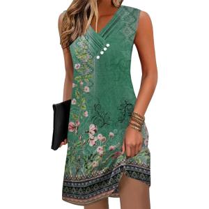 imageDisamer Summer Dresses for Women 2025 Vacation Sundresses Beach Coverups Tunic Sleeveless V Neck Button Down Tshirt DressFloral Green