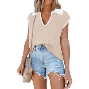 imageDisamer Short Sleeve Sweater for Women 2025 Spring Fashion Striped Sleeveless Vest Casual Tank Tops Summer ShirtsColor Apricot