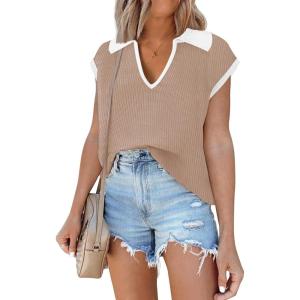 imageDisamer Short Sleeve Sweater for Women 2025 Spring Fashion Striped Sleeveless Vest Casual Tank Tops Summer ShirtsColor Brown