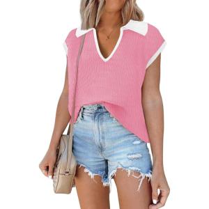 imageDisamer Short Sleeve Sweater for Women 2025 Spring Fashion Striped Sleeveless Vest Casual Tank Tops Summer ShirtsColor Pink