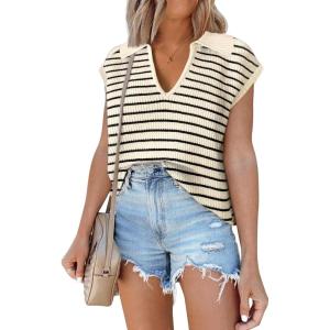 imageDisamer Short Sleeve Sweater for Women 2025 Spring Fashion Striped Sleeveless Vest Casual Tank Tops Summer ShirtsStreak Apricot