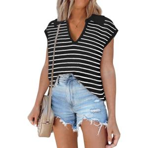 imageDisamer Short Sleeve Sweater for Women 2025 Spring Fashion Striped Sleeveless Vest Casual Tank Tops Summer ShirtsStreak Black