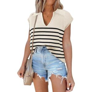 imageDisamer Short Sleeve Sweater for Women 2025 Spring Fashion Striped Sleeveless Vest Casual Tank Tops Summer ShirtsStripe Apricot