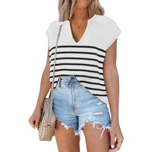 imageDisamer Short Sleeve Sweater for Women 2025 Spring Fashion Striped Sleeveless Vest Casual Tank Tops Summer ShirtsStripe White