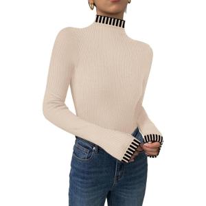 imageDisamer Womens Long Sleeve Shirts 2025 Fall Sweaters Crewneck Striped Knitted Tops Slim Fitted Casual Basic Tee BlouseBraid Apricot