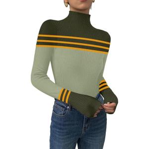 imageDisamer Womens Long Sleeve Shirts 2025 Fall Sweaters Crewneck Striped Knitted Tops Slim Fitted Casual Basic Tee BlouseTriple Green