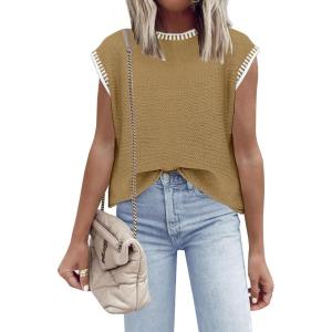 imageDisamer Womens Short Sleeve Sweater Tops Spring Summer Shirts 2025 Striped Pullover Cap Sleeve Knit Sleeveless VestBraid Camel