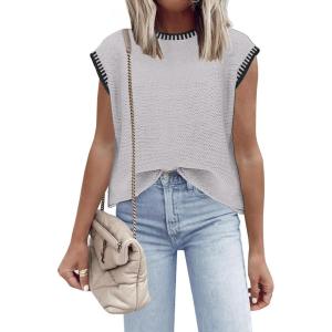 imageDisamer Womens Short Sleeve Sweater Tops Spring Summer Shirts 2025 Striped Pullover Cap Sleeve Knit Sleeveless VestBraid Grey