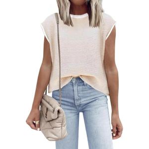 imageDisamer Womens Short Sleeve Sweater Tops Spring Summer Shirts 2025 Striped Pullover Cap Sleeve Knit Sleeveless VestPure Apricot