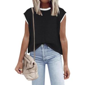 imageDisamer Womens Short Sleeve Sweater Tops Spring Summer Shirts 2025 Striped Pullover Cap Sleeve Knit Sleeveless VestPure Black