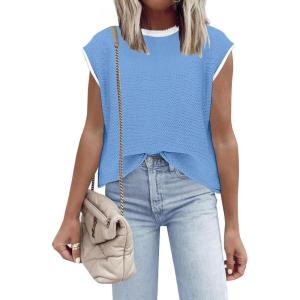 imageDisamer Womens Short Sleeve Sweater Tops Spring Summer Shirts 2025 Striped Pullover Cap Sleeve Knit Sleeveless VestPure Blue
