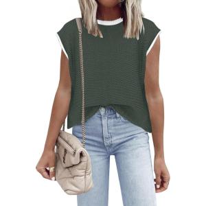 imageDisamer Womens Short Sleeve Sweater Tops Spring Summer Shirts 2025 Striped Pullover Cap Sleeve Knit Sleeveless VestPure Green