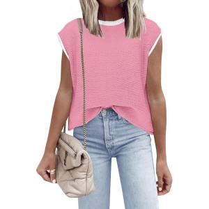 imageDisamer Womens Short Sleeve Sweater Tops Spring Summer Shirts 2025 Striped Pullover Cap Sleeve Knit Sleeveless VestPure Pink