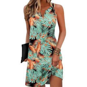 imageDisamer Womens Summer Dress 2025 Casual Button Down V Neck Sleeveless Boho Floral Beach Sundresses Vacation ALine DressesFlower Green Leaf