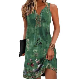 imageDisamer Womens Summer Dress 2025 Casual Button Down V Neck Sleeveless Boho Floral Beach Sundresses Vacation ALine DressesFlower Wallpaper Emerald