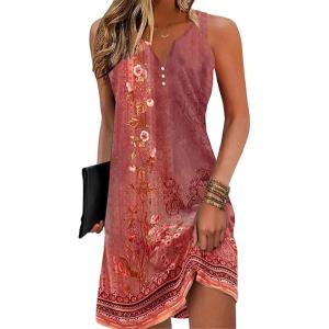 imageDisamer Womens Summer Dress 2025 Casual Button Down V Neck Sleeveless Boho Floral Beach Sundresses Vacation ALine DressesFlower Wallpaper Red