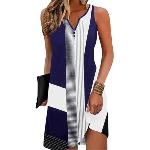 imageDisamer Womens Summer Dress 2025 Casual Button Down V Neck Sleeveless Boho Floral Beach Sundresses Vacation ALine DressesStriped Geometric