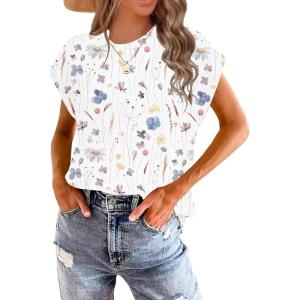 imageWomens Summer Tops Spring Outfits 2025 Fashion Casual Dressy T Shirts Cap Sleeve Workout Clothes Going Out Trendy VacationFlower Strew