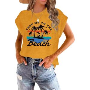 imageWomens Summer Tops Spring Outfits 2025 Fashion Casual Dressy T Shirts Cap Sleeve Workout Clothes Going Out Trendy VacationPrint Beach